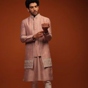 Dusty Rose Nehru Jacket And Kurta Set In Mirror Abla Embroidery